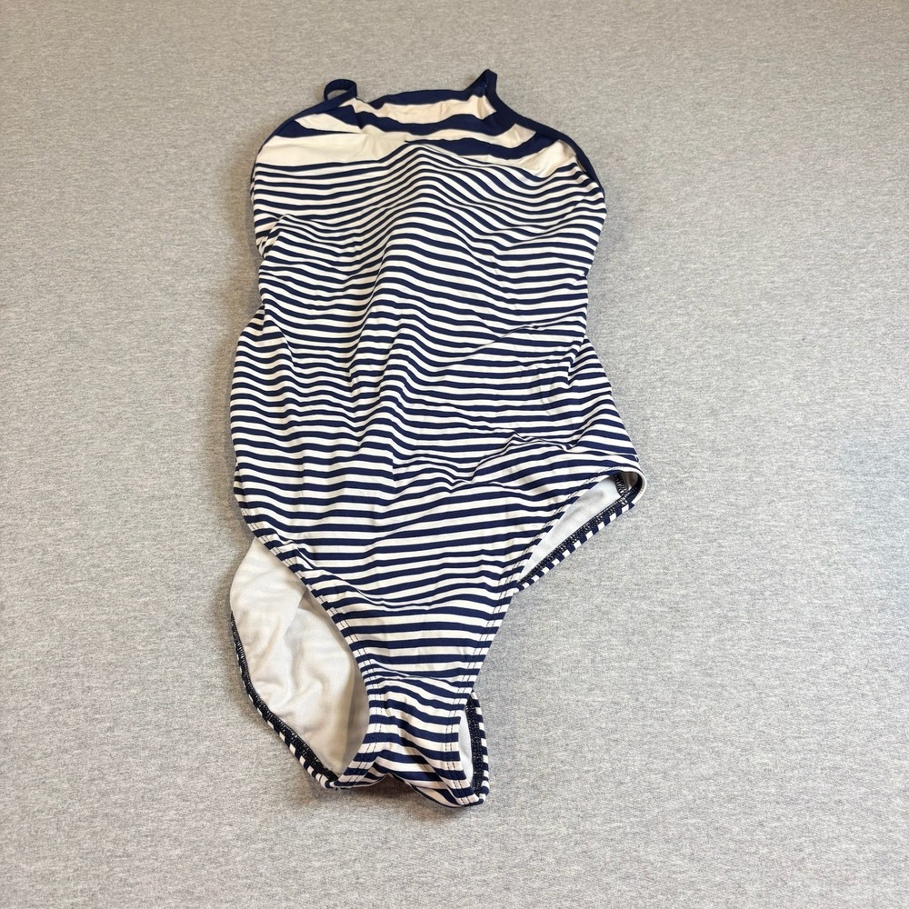 Lauren Ralph Lauren One Piece Swimsuit Womens 10 Navy White Striped Lace Up Back